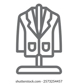 Jacket on hanger stand line icon, laundry service concept. Vector graphics. Suit dry cleaning, washing clothes sign on white background, outline style icon for mobile or web design