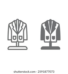 Jacket on hanger stand line and solid icon, laundry service concept. Vector graphics. Suit dry cleaning, washing clothes sign on white background, outline style icon for mobile or web design