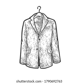 Jacket on shoulders clothes hanger sketch engraving vector illustration. T-shirt apparel print design. Scratch board imitation. Black and white hand drawn image.