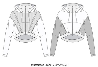 Jacket Outer fashion flat template. Loungewear fashion design vector. Girls Crop Hoodie fashion flat template. Knitted Crop Hoodie fashion design set.