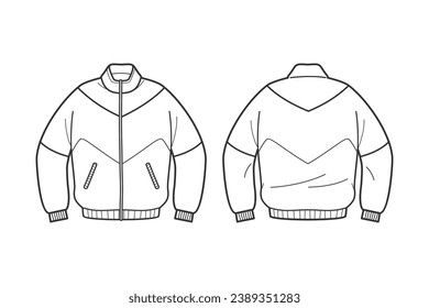 Ilustración del contorno de la chaqueta. boceto de Jacket dibujado a mano. Vista frontal y posterior de la plantilla de la chaqueta. dibujo vectorial. Chaqueta aislada de fondo blanco. ilustración vectorial. Dibujo de la línea de chaquetas.