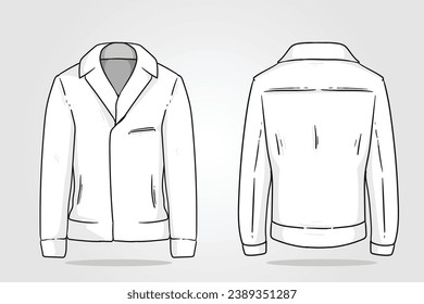 Jacket outline illustration. hand drawn Jacket sketch. Jacket template front and back view. vector drawing. Jacket isolated on white background. vector illustration. Jackets line art drawing.