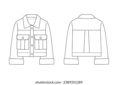 Jacket outline illustration. hand drawn Jacket sketch. Jacket template front and back view. vector drawing. Jacket isolated on white background. vector illustration. Jackets line art drawing.