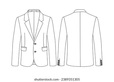 Jacket outline illustration. hand drawn Jacket sketch. Jacket template front and back view. vector drawing. Jacket isolated on white background. vector illustration. Jackets line art drawing.