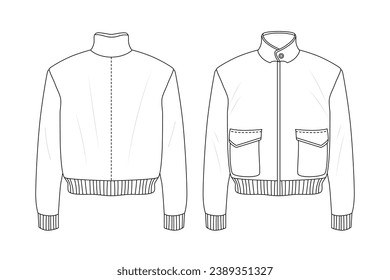 Jacket outline illustration. hand drawn Jacket sketch. Jacket template front and back view. vector drawing. Jacket isolated on white background. vector illustration. Jackets line art drawing.