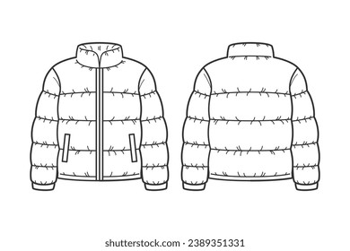 Ilustración del contorno de la chaqueta. boceto de Jacket dibujado a mano. Vista frontal y posterior de la plantilla de la chaqueta. dibujo vectorial. Chaqueta aislada de fondo blanco. ilustración vectorial. Dibujo de la línea de chaquetas.