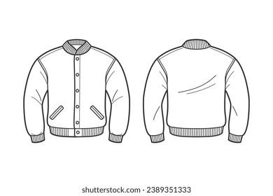Rahmenbild des Jackets. handgezeichnete Jacketskizze. Jacket-Vorlage vor und zurück Ansicht. Vektorgrafik. Jacket einzeln auf weißem Hintergrund. Vektorgrafik. Jackets Strickkunstzeichnung.
