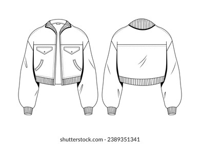 Jacket outline illustration. hand drawn Jacket sketch. Jacket template front and back view. vector drawing. Jacket isolated on white background. vector illustration. Jackets line art drawing.