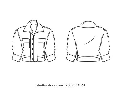 Ilustración del contorno de la chaqueta. boceto de Jacket dibujado a mano. Vista frontal y posterior de la plantilla de la chaqueta. dibujo vectorial. Chaqueta aislada de fondo blanco. ilustración vectorial. Dibujo de la línea de chaquetas.