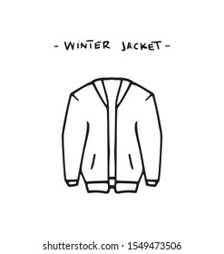 Jacket outline for winter season illustration. Single warm suit drawing art fashion clothing. Simple symbol textile product with letters text tittle sketch. Clothes for cold wether. Male urban wear.