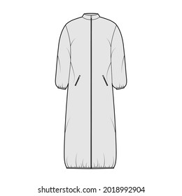 Jacket padded shell coat puffer technical fashion illustration with long sleeve, stand collar, maxi length, zip-up closure, boxy fit. Flat template front, grey color. Women, men, unisex top CAD mockup