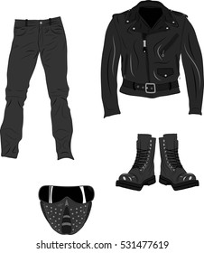 Jacket, pants, boots and mask