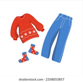 The jacket, Pants, socks,  jeans. Home clothes. Autumn, winter season. Warm comfortable clothes. Knitted jersey. Women's sweater. Vector illustration. Background isolated.