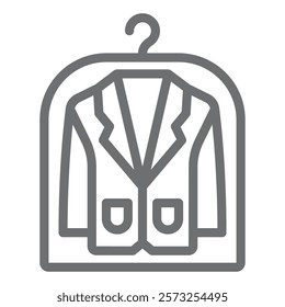 Jacket in plastic bag on hanger line icon, laundry service concept. Vector graphics. Clothes dry cleaning, washing sign on white background, outline style icon for mobile or web design