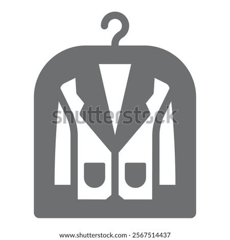 Jacket in plastic bag on hanger solid icon, laundry service concept. Vector graphics. Clothes dry cleaning, washing sign on white background, glyph style icon for mobile or web design