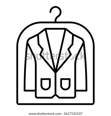 Jacket in plastic bag on hanger thin line icon, laundry service concept. Vector graphics. Clothes dry cleaning sign on white background, linear style for mobile or design