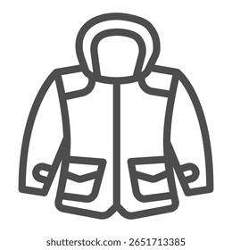 Jacket with pockets and hood line icon, autumn clothing concept. Vector graphics. Coat with head hood for men, clothes sign on white background, outline style icon for mobile or web design