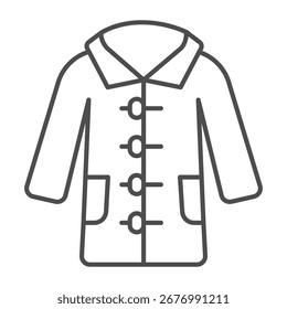 Jaqueta com bolsos, mangas e botões ícone de linha fina, conceito de roupa de outono. Gráficos vetoriais. Sinal de casaco para mulheres, roupas sobre fundo branco, ícone de estilo de contorno para design móvel ou web