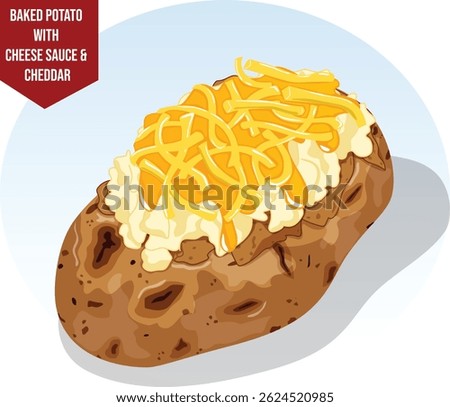 Jacket Potato with Cheese Sauce and Shredded Cheddar Topping. Creamy Baked Potato Cartoon Illustration