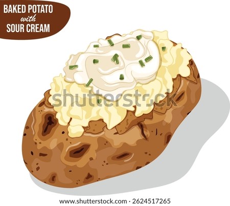 Jacket Potato with Sour Cream and Chives. Baked Potato Cartoon Vector Illustration