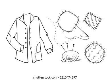 Chaqueta, camisa con rayas de telaRopa de mending.Defecto vectorial dibujado a mano de parches de tela de coser.