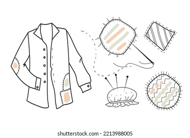 Jacket, shirt with fabric stripesMending clothes.Vector doodle hand drawn set of sewing cloth patches.