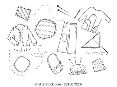 Jacket, Shirt, Trousers, Bag With Fabric StripesMending Clothes.Vector Doodle Hand Drawn Set Of Sewing Cloth Patches.