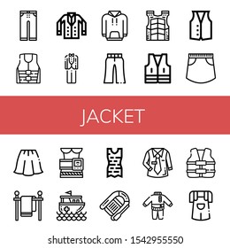 jacket simple icons set. Contains such icons as Trousers, Life jacket, Jacket, Tuxedo, Hoodie, Bulletproof vest, Vest, Skirt, Clothes line, can be used for web, mobile and logo