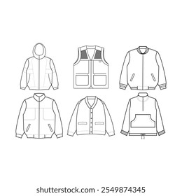 Gráfico de tamanho de jaqueta. Ícone de contorno de vetor isolado no plano de fundo branco.