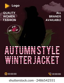 Jacket social media sale banner poster template | Fashion style winter jacket advertising composition with social media banner post template | New fashion special offer with social media post template
