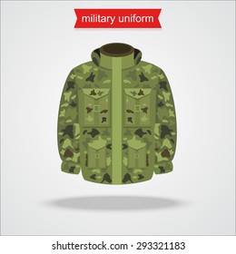 Jacket special camouflage for soldier. Soldier in camouflage. War icon. Military  jacket. Uniform element.