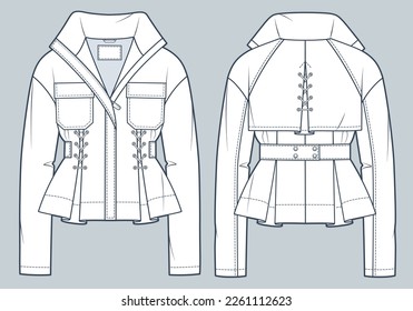 Jacket technical fashion Illustration  Cropped Trench Coat fashion flat technical drawing template  front   back view  lace  up  zip  up  white  women  men  unisex CAD mockup 