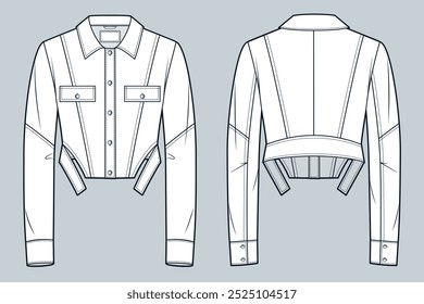 Jaqueta de moda técnica Ilustração. Cropped Jacket moda plana modelo de desenho técnico, botões, bolsos, vista frontal e traseira, branco, mulheres, homens, unisex CAD mockup.