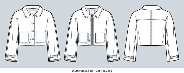 Jacket technical fashion Illustration. Cropped Coat fashion flat technical drawing template, buttons, zipper, three-quarter sleeves, front and back view, white, women, men, unisex CAD mockup set.