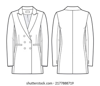 Ilustración técnica de moda de С lassic Jacket, con doble pecho. Vista frontal de la plantilla de prendas planas, retrovista, color blanco. Las mujeres, los hombres, la maqueta de CAD unisex.