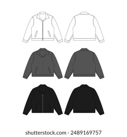 Jacket Technical Fashion Illustration Vector Jacket Mockup Template Front and Back Jacket Flat Sketch Technical Drawing Vector Illustration Unisex Blank Jacket CAD Mock-up