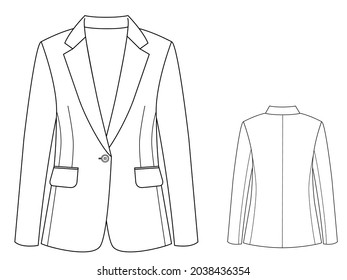 Jacket vector illustration isolated on white background, front and back view. Technical drawing for fashion design