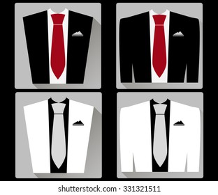 Jacket and vest with a tie in a flat style. White and black jacket. Red tie. Vector illustration.