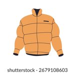 Jacket, warm padded outerwear for cold weather, autumn and winter season. Sport style clothing, outer wear. Comfortable apparel, quilted puffer. Flat vector illustration isolated on white background