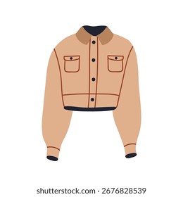 Chaqueta, cortavientos. Ropa exterior ligera, rompevientos, ropa casual. Diseño recortado de estilo de moda moderno. Ropa de moda, prenda con bolsillos. Ilustración vectorial plana aislada sobre fondo blanco