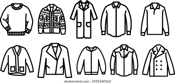 Men’s Jackets, Coats, Sweaters, and Shirts  Fashion Outline Vector Set