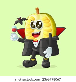 personaje de jackfruit vestido vestido de vampiro y sosteniendo una. Perfecto para niños, mercadería y pegatinas, promoción de pancartas
