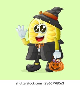 jackfruit character dressed as a witch and holding a pumpkin. Perfect for kids, merchandise and sticker, banner promotion
