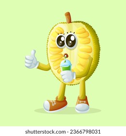 personaje de jackfruit bebiendo un smoothie verde. Perfecto para niños, mercadería y pegatinas, promoción de pancartas
