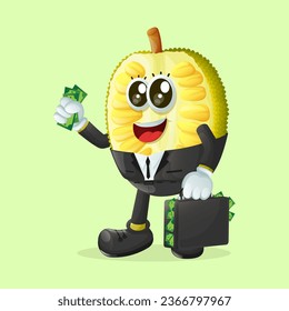 personaje de jackfruit con una cartera llena de dinero. Perfecto para niños, mercadería y pegatinas, promoción de pancartas
