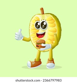 jackfruit character holding a burger and smiling. Perfect for kids, merchandise and sticker, banner promotion
