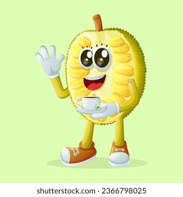  personaje de jackfruit sosteniendo una taza de té. Perfecto para niños, mercadería y pegatinas, promoción de pancartas
