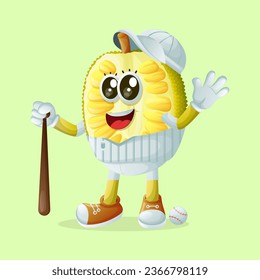 personaje de jackfruit jugando al béisbol. Perfecto para niños, mercadería y pegatinas, promoción de pancartas

