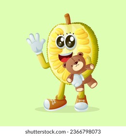 jackfruit character playing with a teddy bear. Perfect for kids, merchandise and sticker, banner promotion
