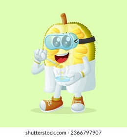 jackfruit character as a scientist holding pipette. Perfect for kids, merchandise and sticker, banner promotion
